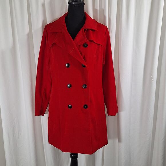 Women's Red Double Breasted Trench Jacket 12-14 Large Lined Mid-Length 80s-90s - Picture 1 of 12